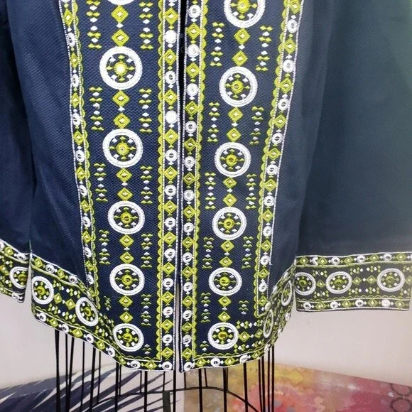 Victor Costa Womans Navy Blue Cotton Green Geometric Embroidered Jacket size sm - Picture 4 of 11